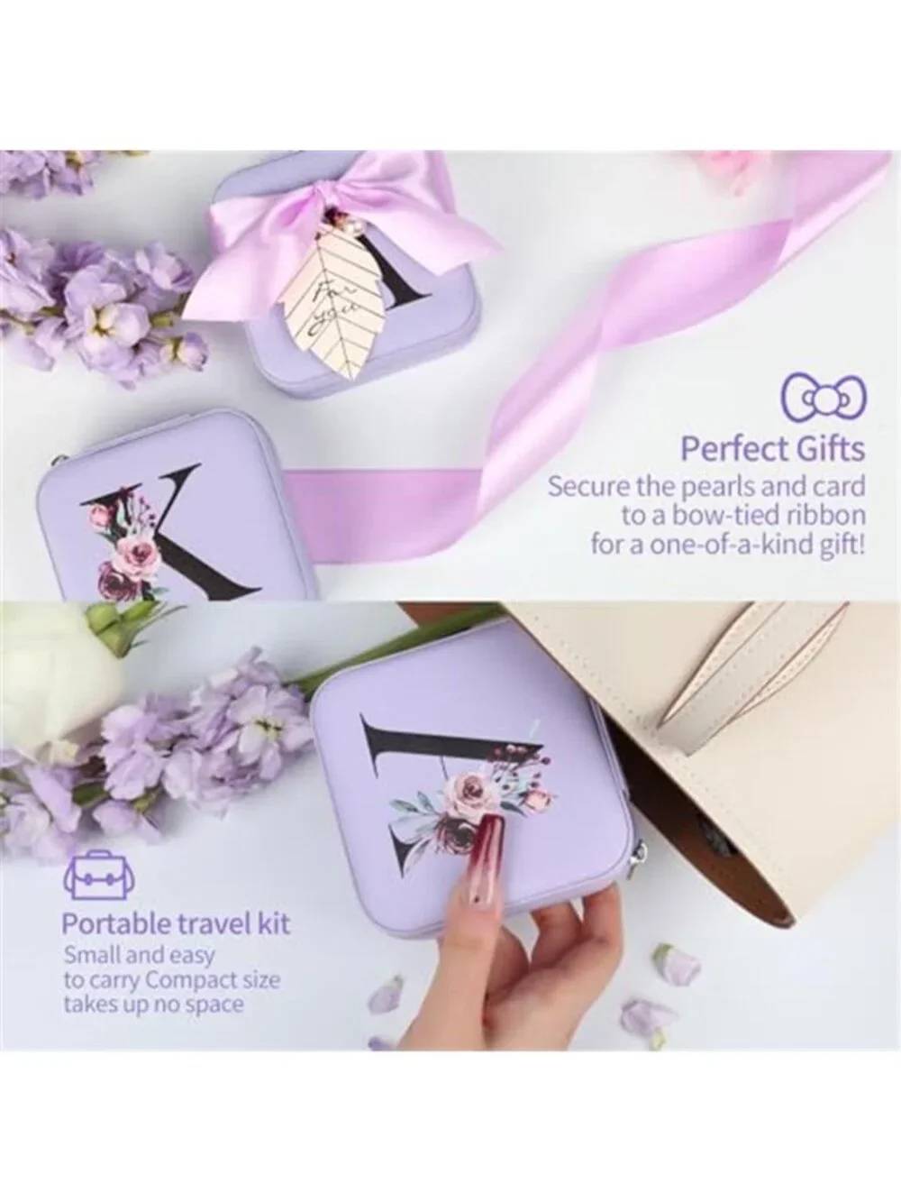 Floral Initial Travel Jewelry Box PU Leather Organizer Case Mirror Gift Women